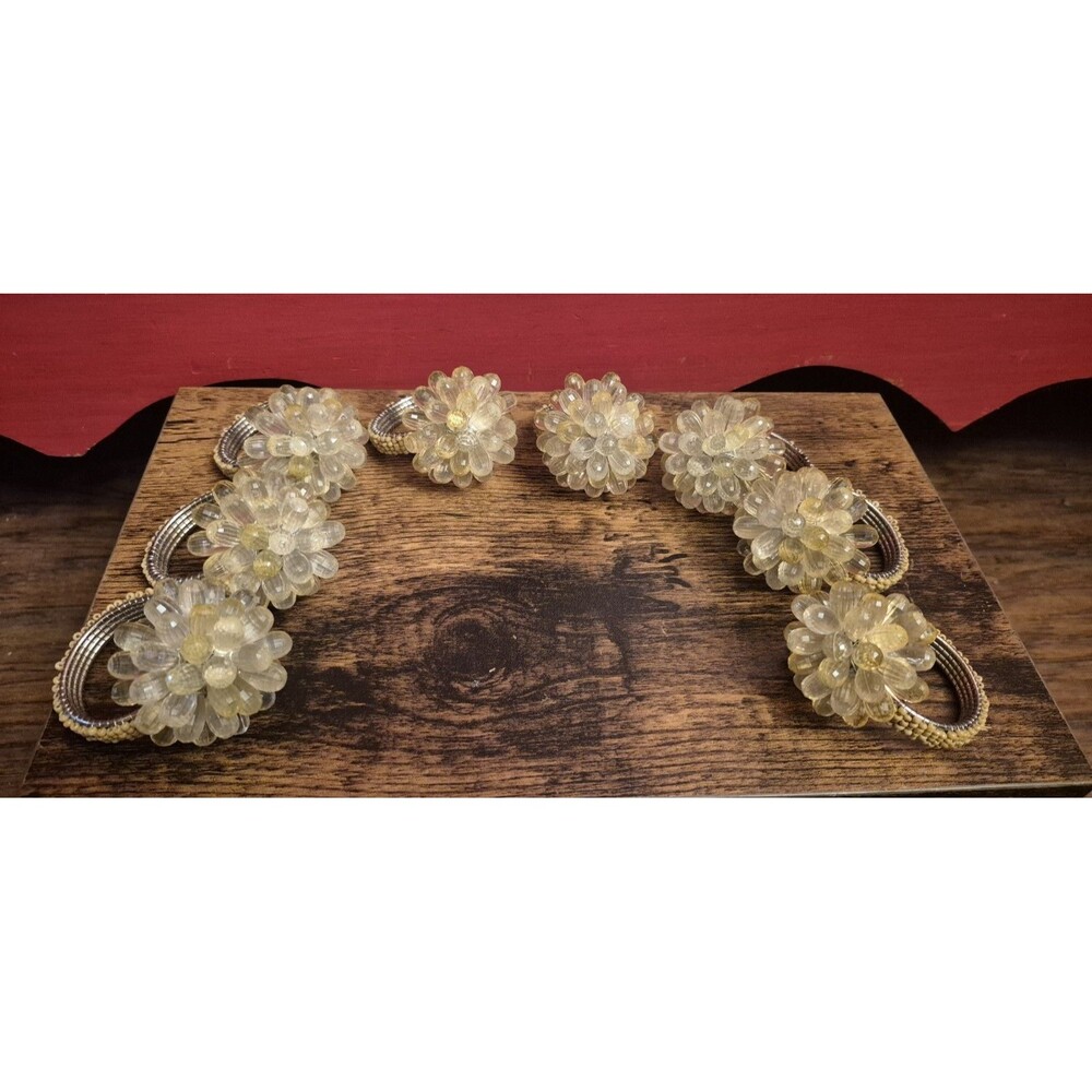 Vtg Mid Century Lucite Beaded Flower Napkin Rings Yellow Acrylic Sunburst Set 8